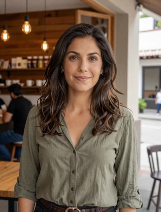 Smiling Colombian woman in Medellin cafe with warm Edison bulb lighting