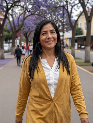 Peruvian woman in mustard cardigan strolling through a Lima park with jacaranda trees