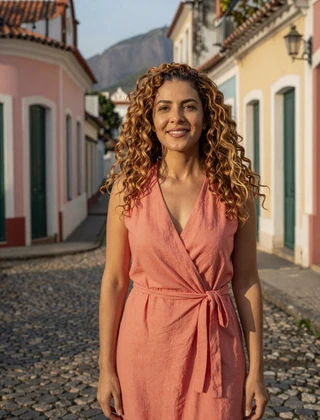 Brazilian woman in coral dress on Rio de Janeiro cobblestone street at sunset