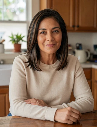 Mature Mexican woman in cream sweater at her Guadalajara home kitchen